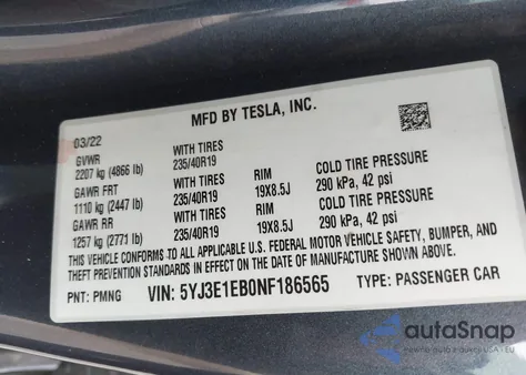 2022 Tesla Model 3 Long Range Dual Motor All-Wheel Drive from USA, damaged, VIN 5YJ3E1EB0NF186565